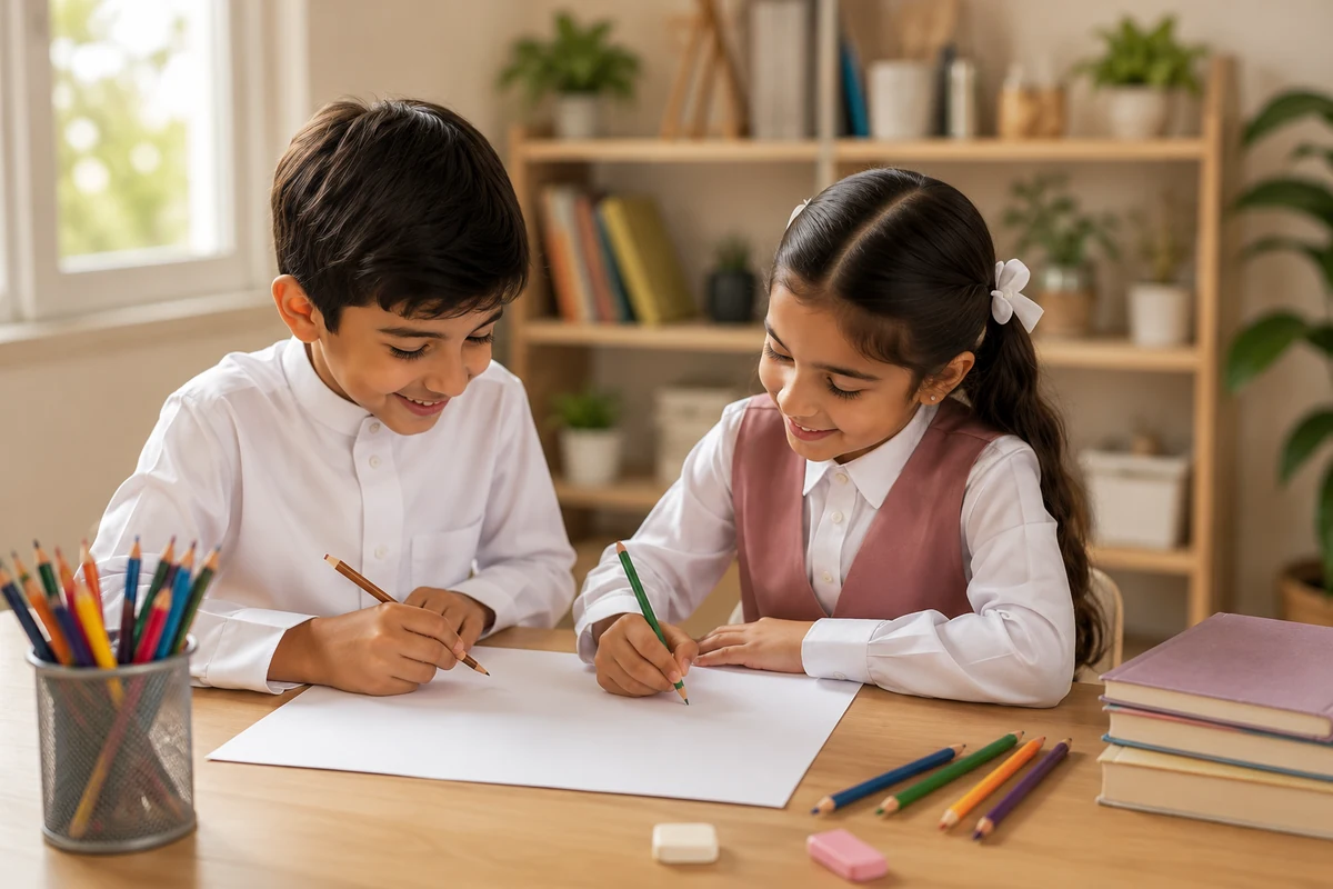 طفلان يرسمان معًا على ورقة واحدة إلى طاولة دراسة